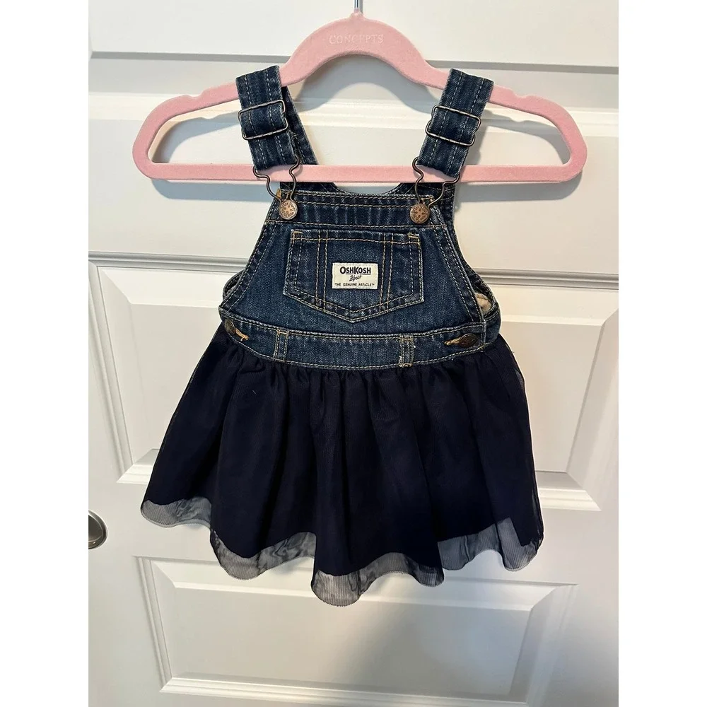 OshKosh Bgosh Navy Blue Denim Taffeta Tulle Overall Dress 12M
